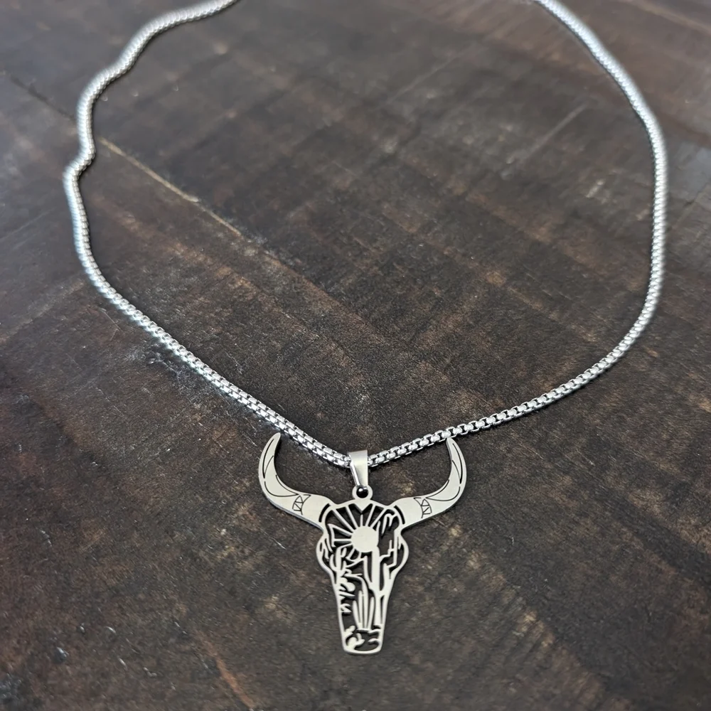 Stainless Steel Silver Bull Pendant Necklace